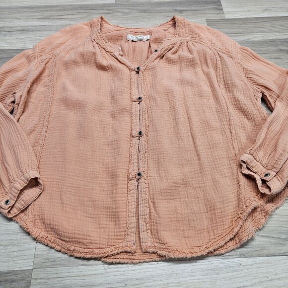 We The Free People Orange Cotton Distressed Blouse Size Small Oversized Button - Picture 2 of 10